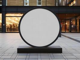 A large white circular sign on a pedestal in front of a building photo