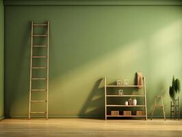 A green room with a ladder and a shelf photo