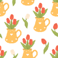 Pixel Art Seamless Pattern Flower Tulips in Vase. Template in retro 8-bit style png
