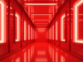 Red hallway with neon lights and a red floor photo