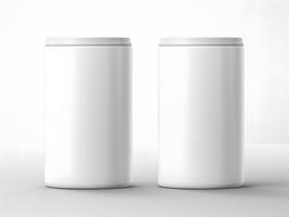 Two empty white cans on a table with a white background photo