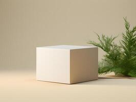 3d render of a cube with a plant on a beige background photo