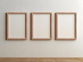 Three empty frames on a wall in an empty room photo