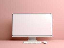 A computer monitor and keyboard on a pink background photo