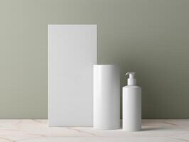 White plastic bottle and box mockup on a table photo
