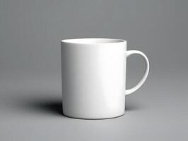 A white mug is shown on a gray background photo