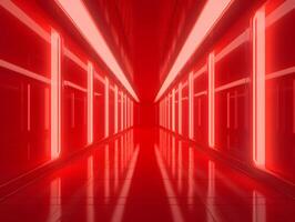 Red neon lights in a hallway with a long corridor photo