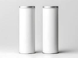 Two standing paper tube tin cans mockup with smooth matte finish on an isolated background photo