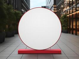 A large white oval sign on a red stand in front of a building photo