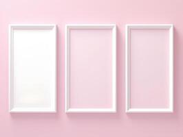 Three empty white frames on a pink background photo