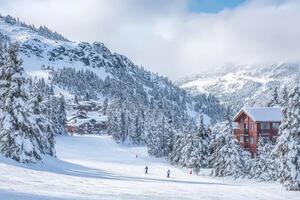A ski resort with red building in the snow photo
