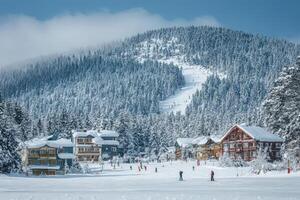 A ski resort with snow covered trees and people skiing photo