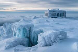 A building on top of a mountain covered in ice photo