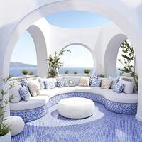 Elegant outdoor lounge space with ocean view and modern design features in a sunny location photo