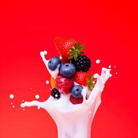 Fresh fruit explosion in creamy milk against vibrant red backdrop creating a dynamic splash effect photo