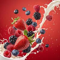 Fresh fruit explosion in creamy milk against vibrant red backdrop creating a dynamic splash photo