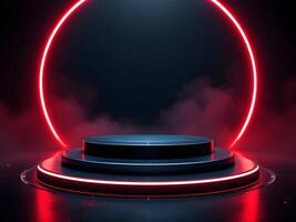 Circular Platform Podium with Red Neon Light on Dark Background 3d Podium photo