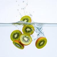 fresh kiwi Slices are dropped in water and make bubbles photo