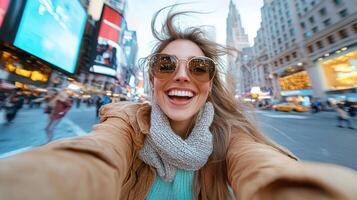 young woman smiling while taking selfie in bustling city photo