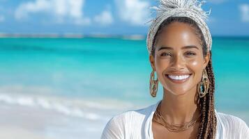 joyful woman with playful hat smiles by beach, enjoying sun photo