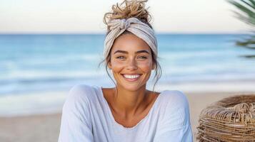 Smiling woman with headband at beach, enjoying sunny day photo
