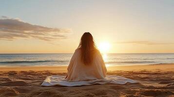 woman sits on beach at sunset, wrapped in towel, enjoying tranquility photo