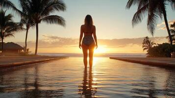 woman in stylish swimsuit stands in pool at sunset, surrounded by palm trees photo