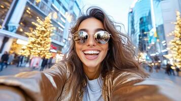 young woman smiling and taking selfie in city decorated for holidays photo