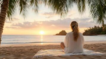 woman sitting on beach blanket, enjoying sunset view over ocean photo