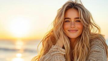Smiling woman with long hair at sunset, enjoying serene moment by beach photo