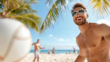 Beach party with friends playing volleyball and enjoying sun photo