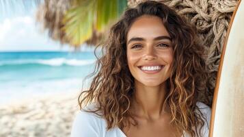 cheerful woman with curly hair smiles by beach with surfboard photo