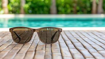 Stylish sunglasses resting on wooden surface by poolside photo