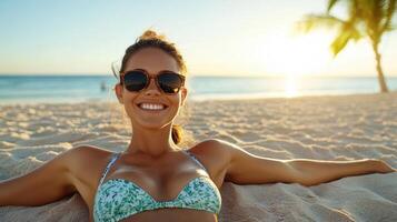 woman in bikini enjoys sunny beach sunset, radiating happiness photo