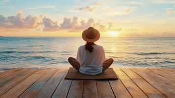 Silhouette of woman in beach hat enjoying sunset by ocean photo