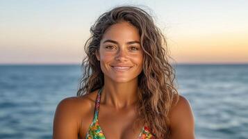 smiling woman with curly hair in colorful bikini by ocean at sunset photo