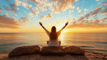 woman enjoying sunset by beach, arms raised in joy photo