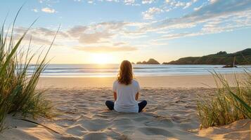 woman sitting on beach, enjoying stunning sunset view photo