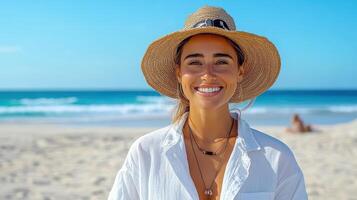 woman in straw hat smiles joyfully on sunny beach photo