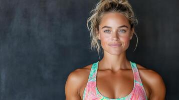 Strong woman in colorful sports bra, smiling confidently against dark background photo