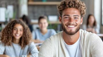 dynamic classroom scene featuring engaged students learning together photo