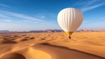 stunning hot air balloon floats over golden desert dunes under clear sky photo