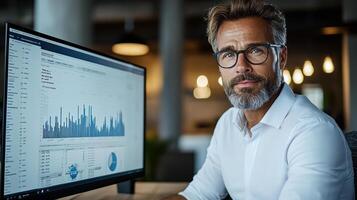 business executive in modern office analyzing global data trends photo