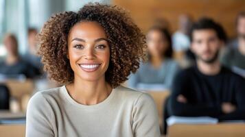 smiling woman in classroom setting, engaged and happy photo