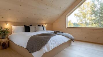 Cozy minimalist loft bedroom with large window and natural light photo