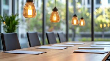 modern conference room with warm lighting and wooden table photo