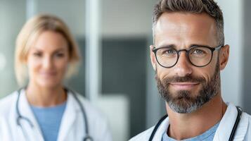 doctor smiling confidently with colleague in medical setting photo