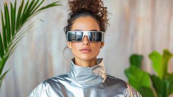 minimalist photoshoot featuring futuristic sunglasses and stylish silver jacket photo