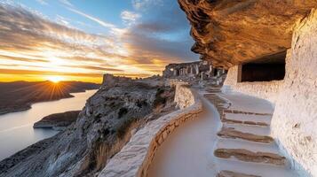 Breathtaking sunset illuminating ancient ruins by river photo