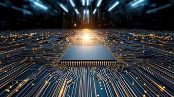 digital circuit board with microchip surrounded by glowing connections photo